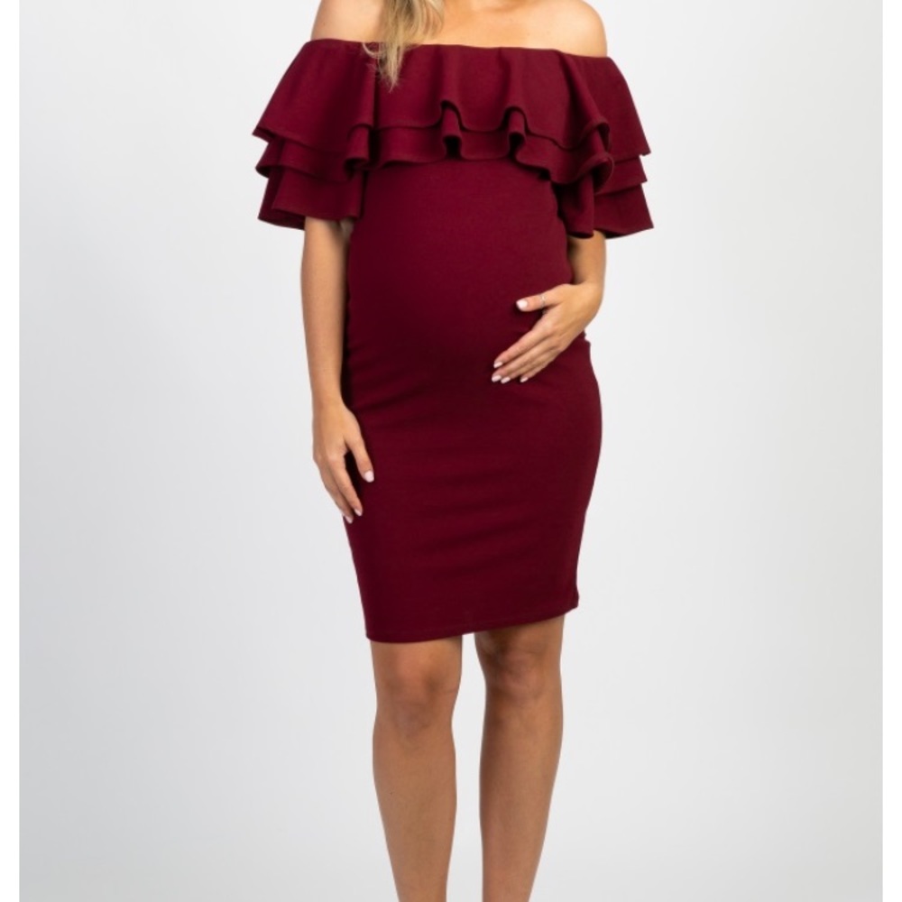 Burgundy Ruffle Off Shoulder Maternity Dress